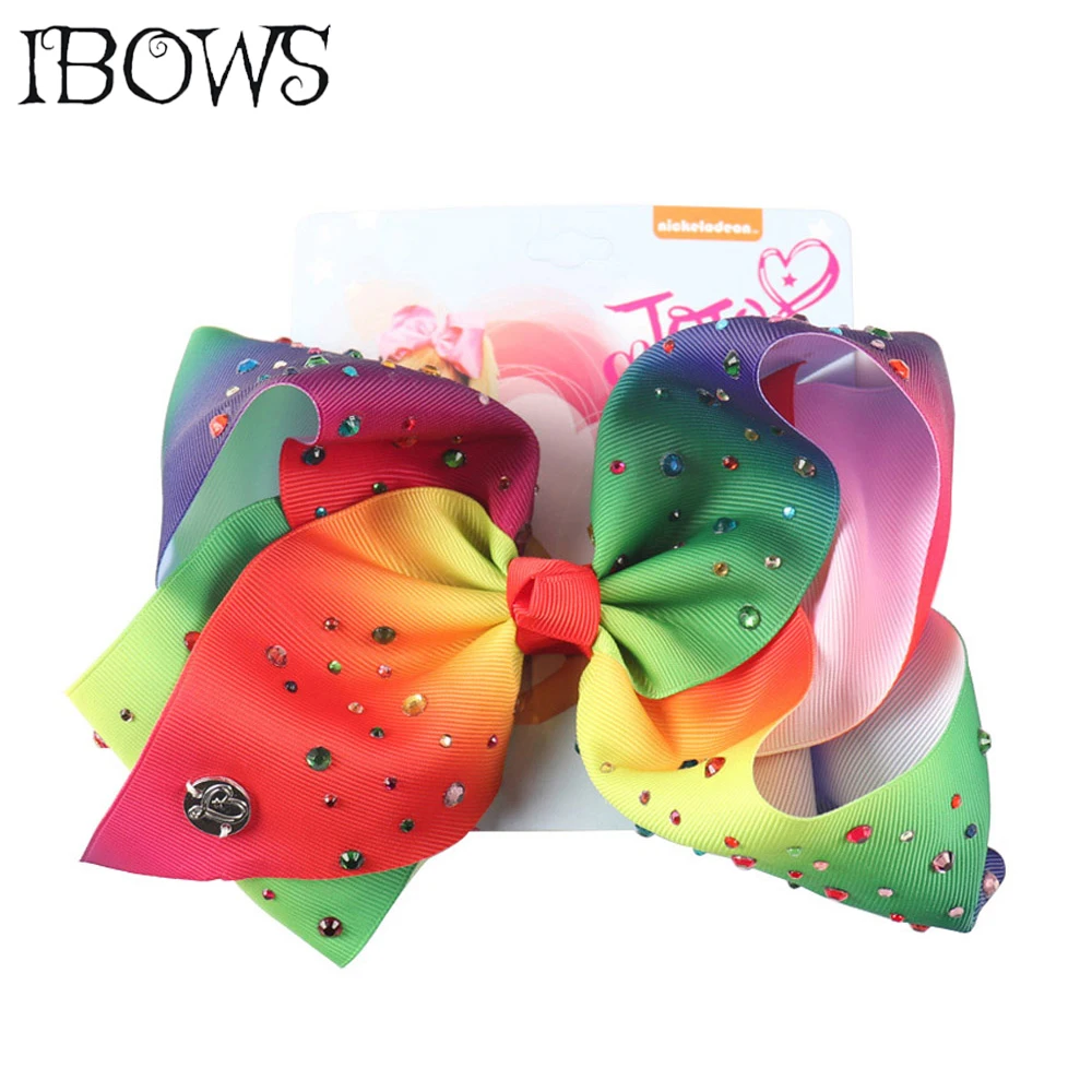 

8'' Large Rainbow Hair Bows Rhinestone Print Grosgrain Ribbon With Alligator Clips For Girls Handmade Hairbow Hair Accessories