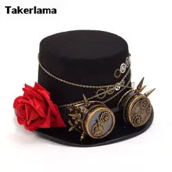 Takerlama Винтаж стимпанк шестерни очки цветочный черный топ шляпа в стиле панк Fedora головные уборы Готическая Лолита косплэй шляпа унисекс