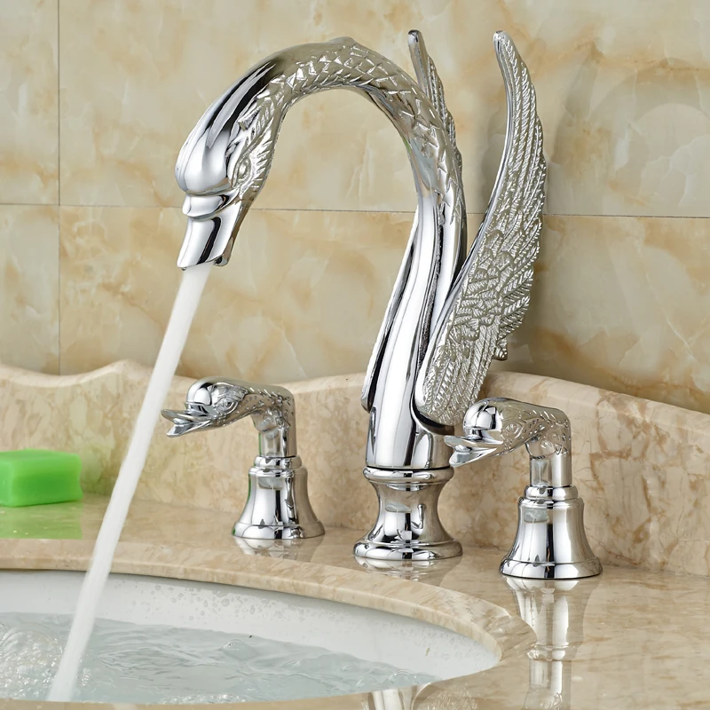 Good Quality Deck Mount Swan Shape Bathroom 3 Hole...