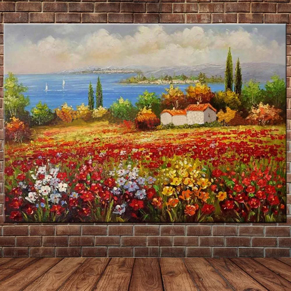 Hand Painted Abstract Flower House Landscape Canvas Wall Oil Painting