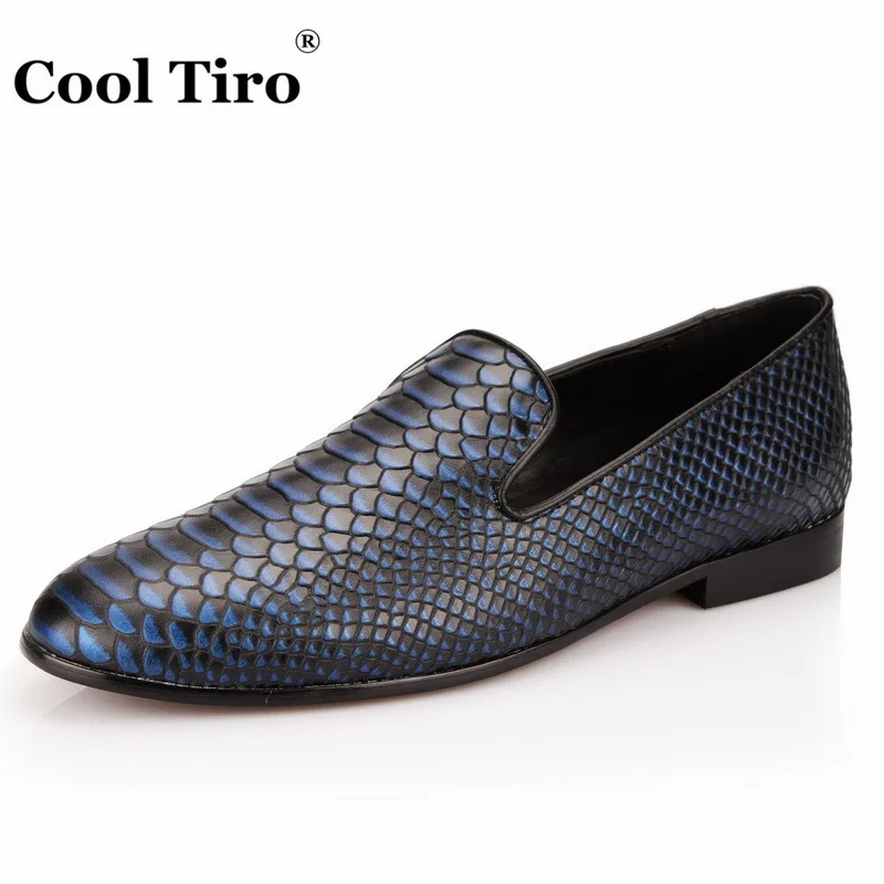COOL TIRO/темно-синие мужские лоферы из змеиной кожи питона; мужские кожаные мокасины на плоской подошве; свадебные модельные туфли; повседневная обувь - Цвет: Тёмно-синий
