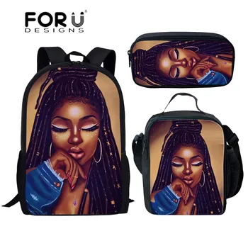 FORUDESIGNS 3pcs/set Black Girls Afro Women Printing School Bags Kids Bag for School Bagpack Children Preppy Schoolbag Mochila forudesigns 3pcs school bag set for kids girls unicorn horse school backpack boy bagpack children bookbag satchel daypack 2019