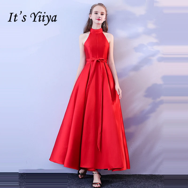 

It's YiiYa Prom Gowns Red Hatler Simple Cheap A-line Ankle-length 2019 Custom Plus size Lace up Back Long Prom Dresses LX720