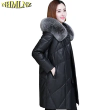 Длинная женская куртка из натуральной кожи, новая зимняя модная теплая куртка с капюшоном из натуральной кожи, женская кожаная куртка большого размера TN045