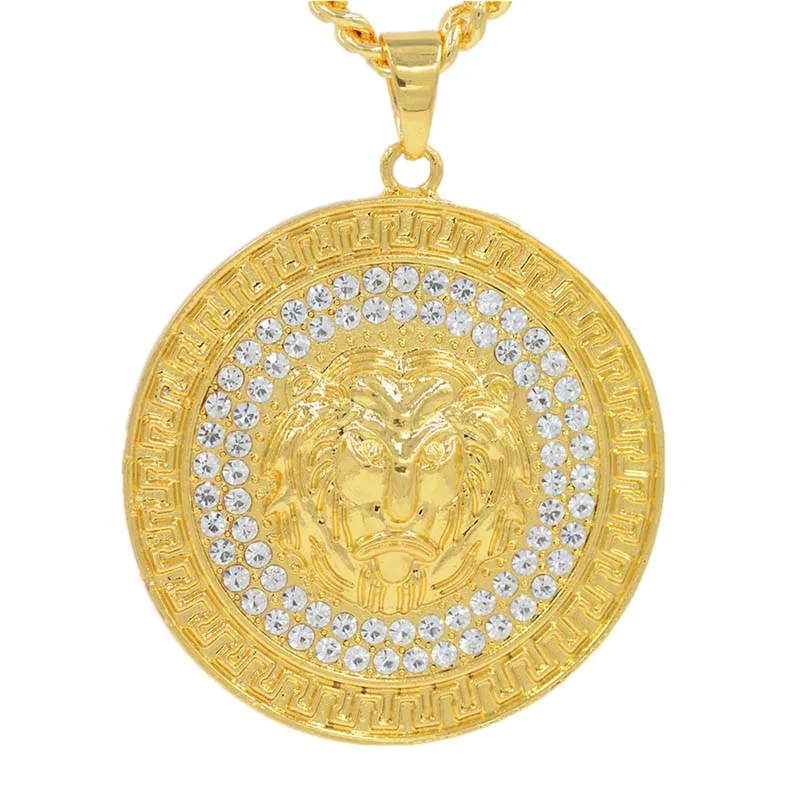 

Golden Lion Head Pendant Necklace Bling Crystal Rhinestone Hip Hop Jewelry Fashion Long Cuban Chain Necklace