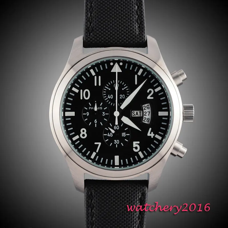 42mm parnis black dial gun big week vintage style day date quartz Full chronograph mens font