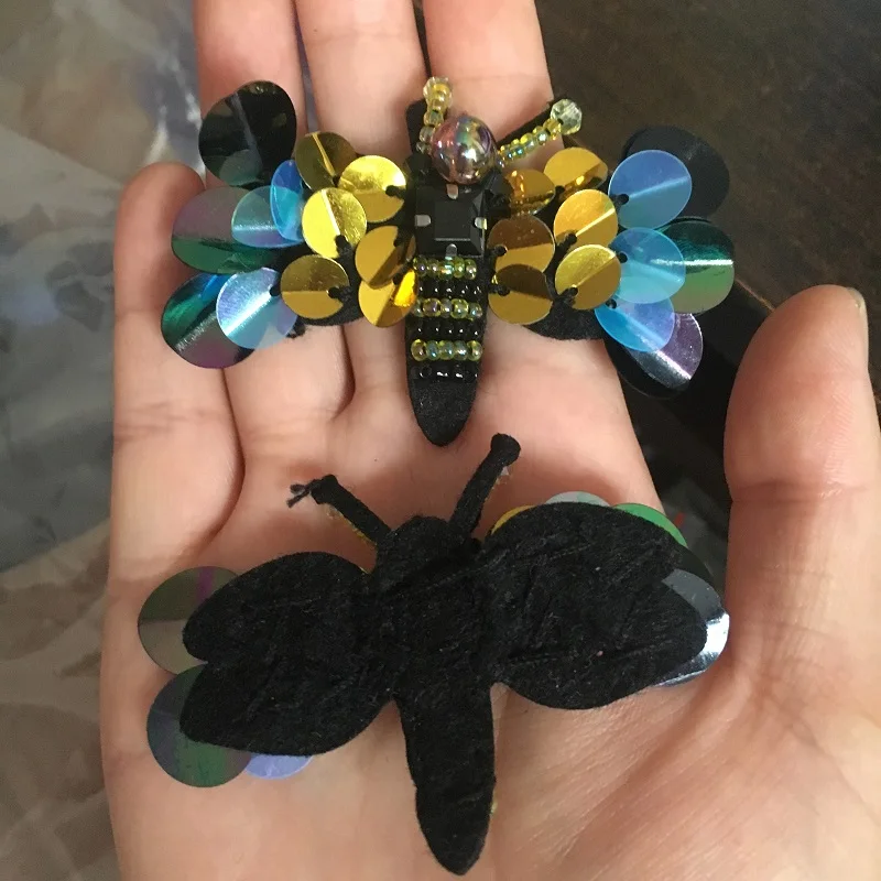 6Pieces Honey bee Sequined Patch DIY Embroidered Sewing On Patches with glass beads for Bags Applique Badge Garment Accessories | Дом и сад