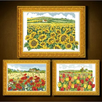 

Embroidery Package Top Quality Cross Stitch Kits Beautiful Sunflower,Poppy and Tulip Flower Field Total 3 Pieces Hot Sell