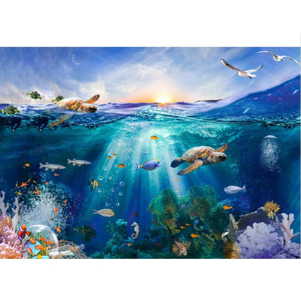 

Under the Sea Backdrop Photography Printed Sunrise Turtles Fishes Fantasy Underwater World Party Themed Photo Booth Background