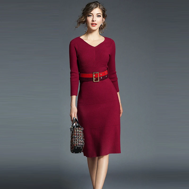 Wine Red Apricot Black Camel Color Midi Dress Women Knee Length Bodycon