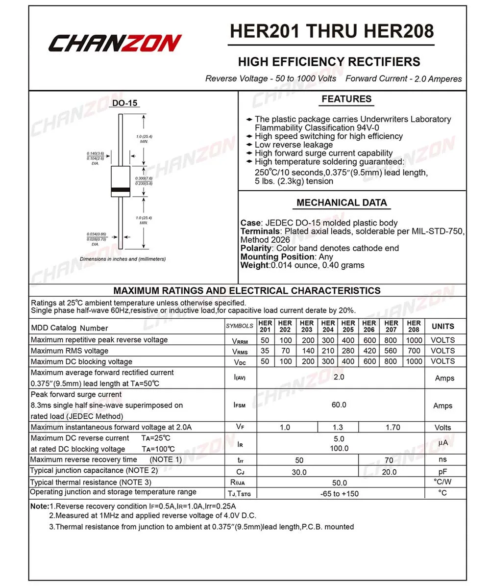 100 шт.) HER208 высокоэффективный выпрямительный диод 2A 1000 В 50-70ns DO-15(DO-204AC) осевой 2 ампер 1000 Вольт ее 208