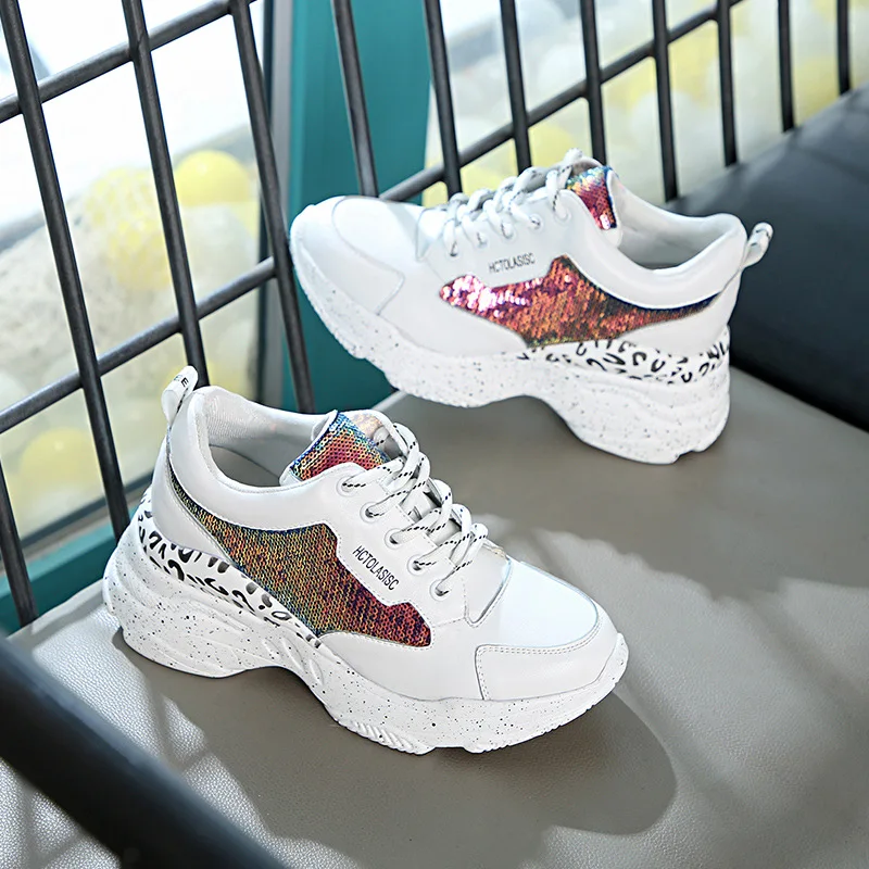 Белые туфли Женские модные брендовые блестящие кроссовки на платформе zapatos de mujer
