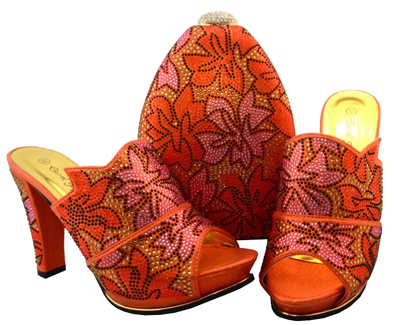 

Orange shoes matching bag with many stones big size 38 to 43 women sandal shoes clutches bag set SB8086 free shipping