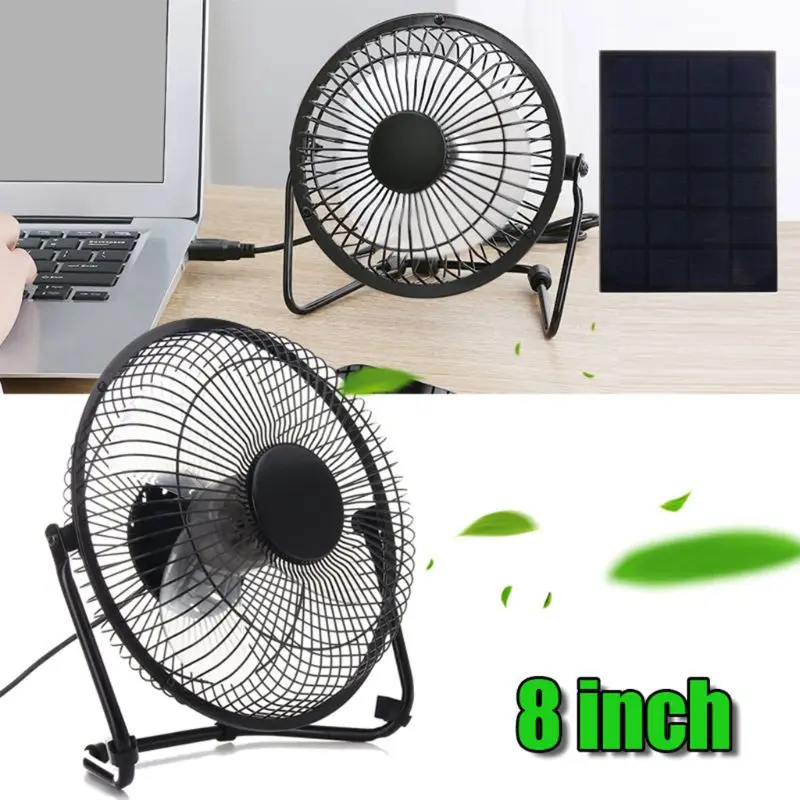 

Solar Panel Powered / USB Charging Iron Fan 8" Cooling Air Fans For Outdoor Traveling Fishing Home Office