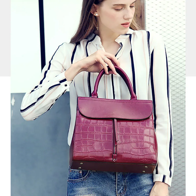 2018 الفاخرة العلامة التجارية النساء حقيبة يد جلدية Saffiano اليد حقيبة المرأة خمر حقائب كتف التمساح اجي أعلى-حقائب بيد الإناث