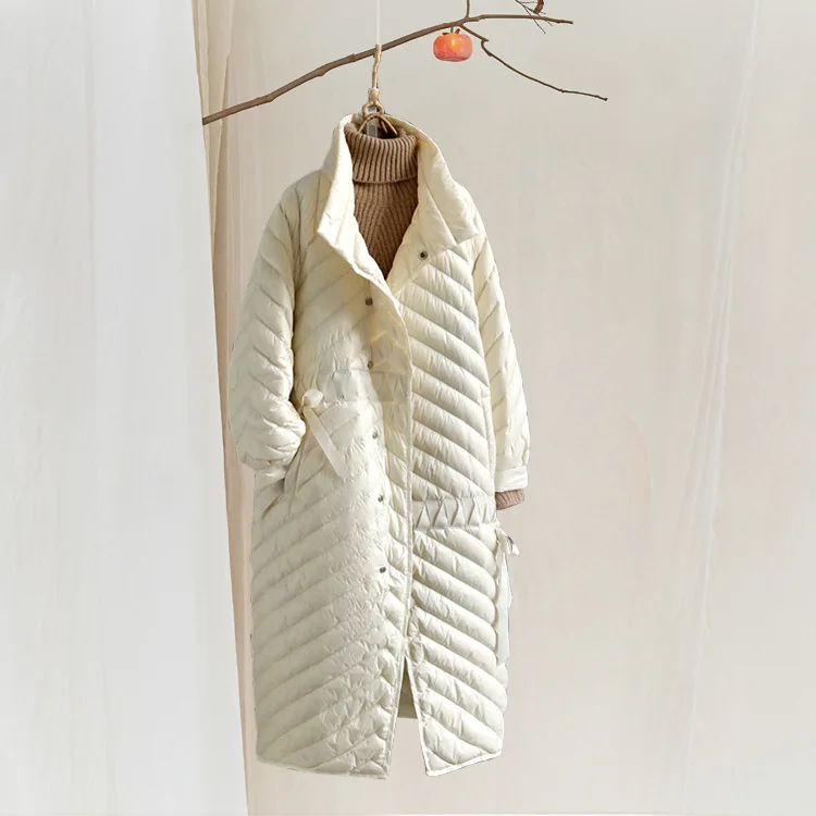 Original Retro Literary Loose Solid Color Stand Collar Long Down Jacket Coat Women's Cashmere Down Jacket