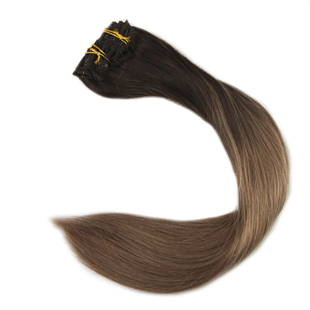 

Full Shine Balayage100g Clip In Hair Extensions With Clips Ombre Color #2 Dark Brown Fading to #8 10Pcs Remy Clip Hair Extension