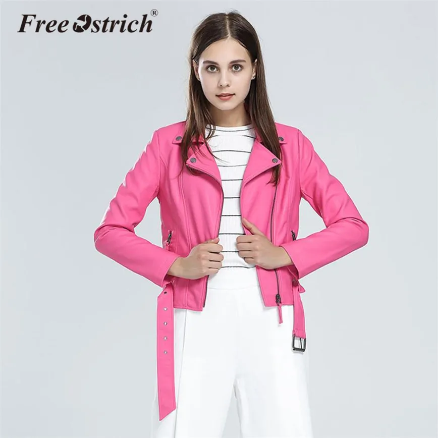 

Free Ostrich women jacket Winter Hot Pink Leather Jacket lady PU Sashes Casual Long Sleeve Zippers Faux Leather Jacket Female