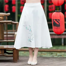 Cotton Linen Floral Embroidered A Linen Big Swing Literature Chinese Style Vintage Mid-calf Skirt For women,saia,jupe TT1155