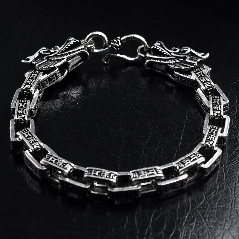 

Real 925 Sterling Silver Men Bracelets Vintage Double Dragon Head Six Words' Mantra Thai Silver Bangle Fashion Father's Day Gift