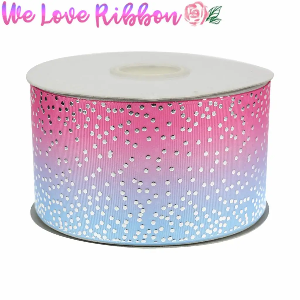 3&quot75mm Full Mini Dots Silver Foil Hot Pink and Light Blue Gradient Color Printed Grosgrain Ribbon 5yards/roll DIY Hair Bowknots | Дом и