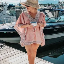 Bikini Cover Up Lace Hollow Crochet Swimsuit Vestido de playa mujeres 2019 verano señoras cubrir-Ups traje de baño ropa de playa túnica(China)