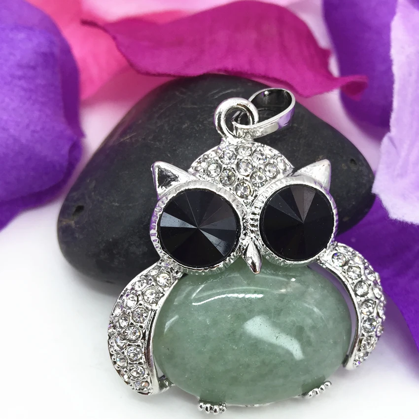 

Animal design green aventurine stone owl shape pendant 33*35mm crystal inlay statement women silver-color jewelry B3066