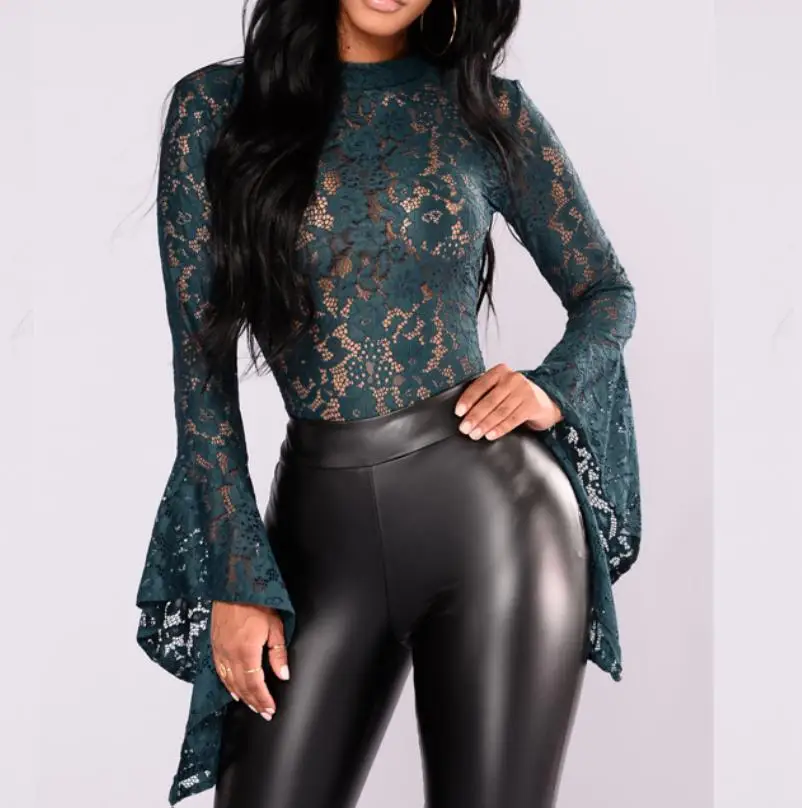 

2019 Lace Flare Sleeve Bodysuit Ladies Clubwear Short Playsuit Bodycon Party Lace Rompers Womens Jumpsuit&Romper Trousers