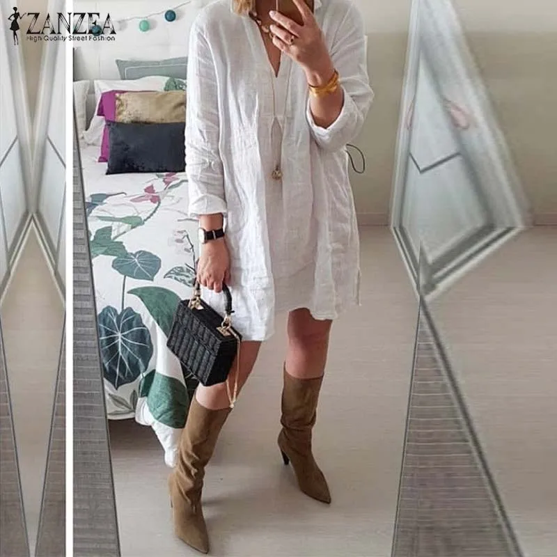  ZANZEA Women V neck Long Shirt Autumn Long Sleeve Cotton Linen Blouse Casual Baggy Solid Blusas Che