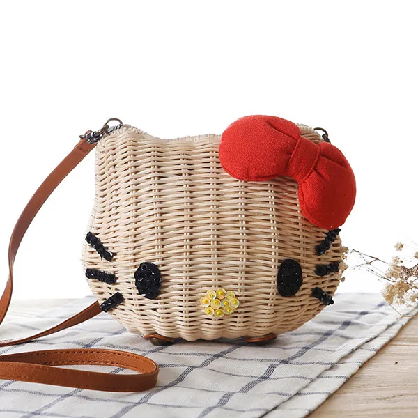 Женские милые сумки из ротанга, Соломенная пляжная сумка с рисунком котенка из мультфильма, плетеная корзина высокого качества, сумка-мессенджер для девочек - Цвет: MQ011
