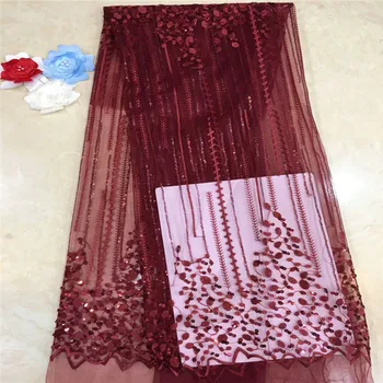 

Latest African lace fabric 5 yards wine red tulle lace fabric with sequins fashion tulle lace fabric for girls dresses xc65-1815