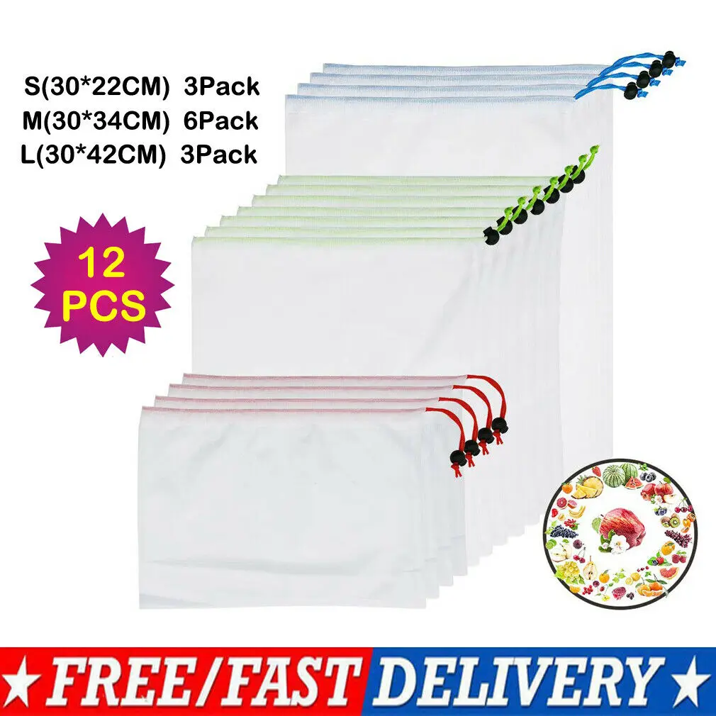 

12Pcs Reusable Mesh Produce Bags for Zero Waste Fruit Veg Plastic-Free Vegetables Loose Shopping Storage Organizer Bag
