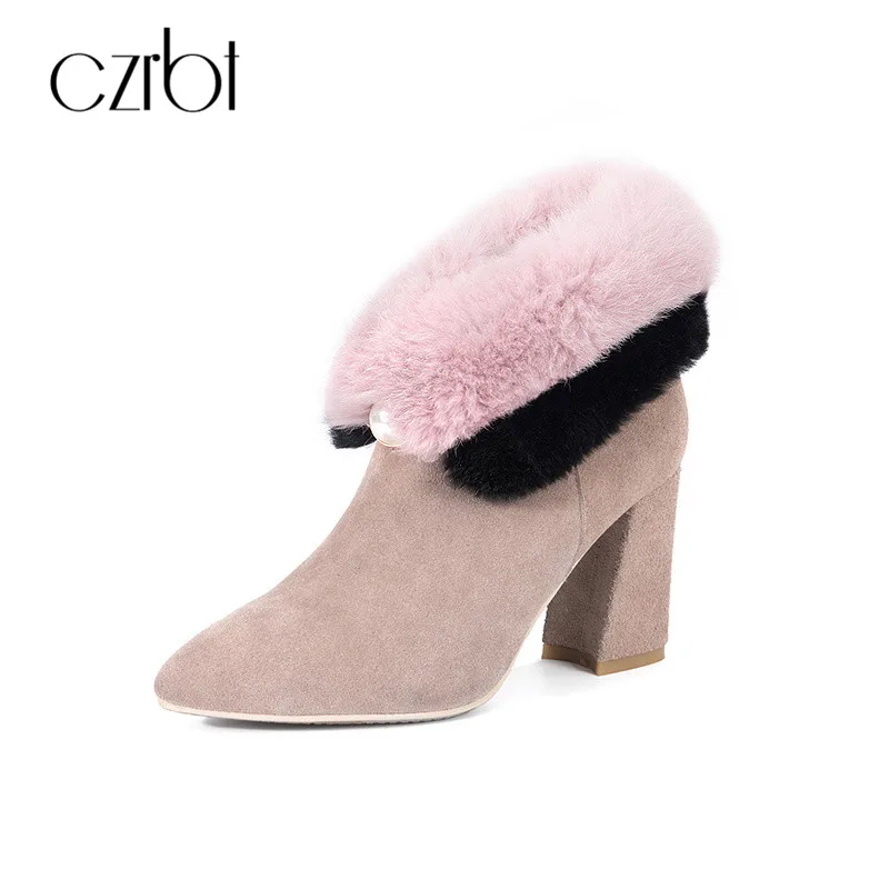 

CZRBT Winter Natural Rabbit Fur with Cow Suede Top Quality Handmade Women Ankle Boots New Fashion Mix Color 8cm High Heels