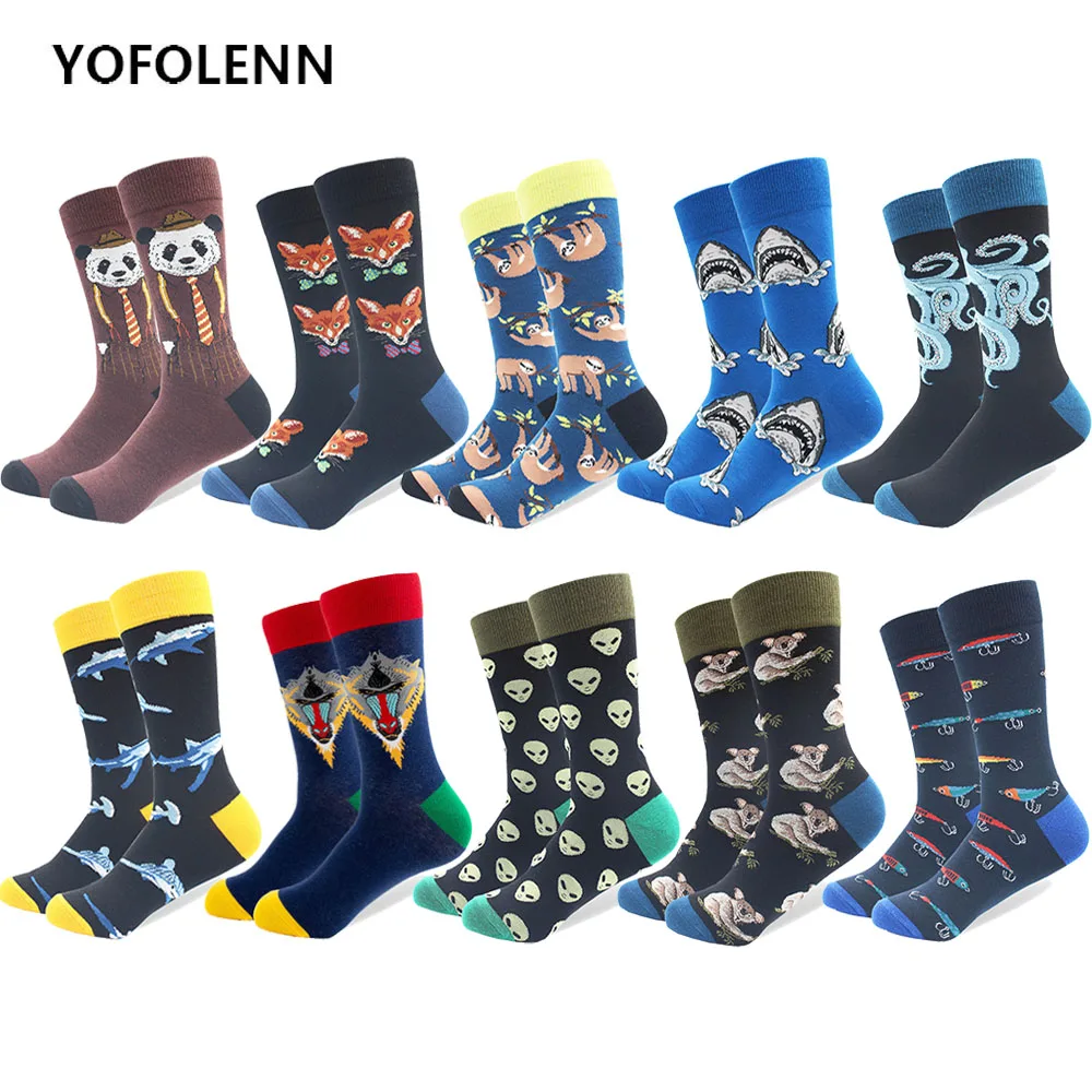 5 زوج/وحدة الرجال مضحك الملونة بتمشيط القطن الجوارب سعيدة متعددة نمط Amimal شريط الكرتون نقطة الجدة سكيت الفن الجوارب