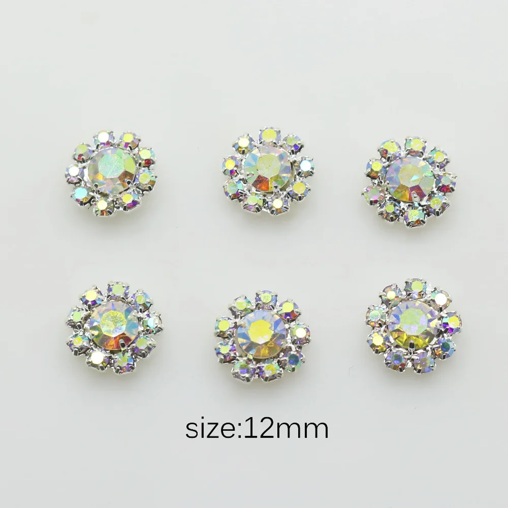 10 pcs 12mm AB Rhinestone Button, Flat Crystal Rhinestone Buttons Sew