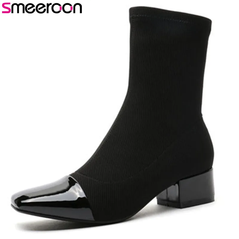 

Smeeroon 2018 new arrival fashion style autumn women boots high quality med heels ankle boots stretch fabric boots