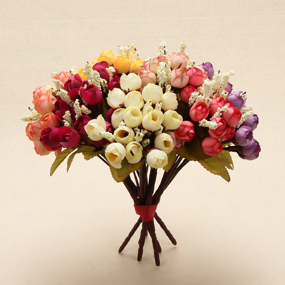 15 heads Mini Rose Colorful Silk Flowers Bulk Artificial Flower Home Decor For Wedding Birthday Decor Display Fake Flower