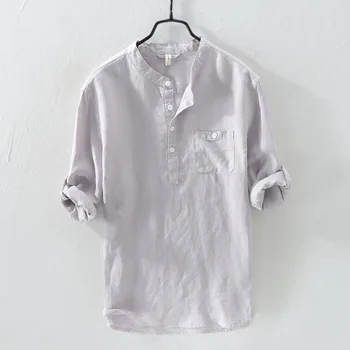 

New 100% Linen Mens Shirts Luxury Three Quarter Sleeve Solid Color Mens Dress Shirts Camisa Masculina Slim Fit Shirts Man