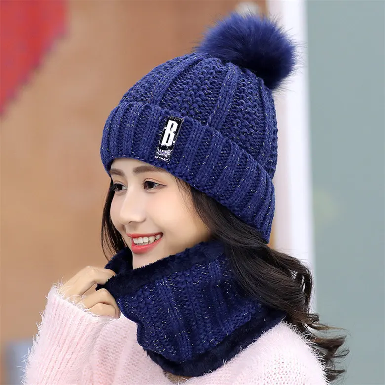 New Brand Winter knit Beanies Hat Women Thick Warm Beanie Skullies Hat Female Letters Bonnet Beanie Caps Outdoor Riding Sets Bib - Цвет: Тёмно-синий