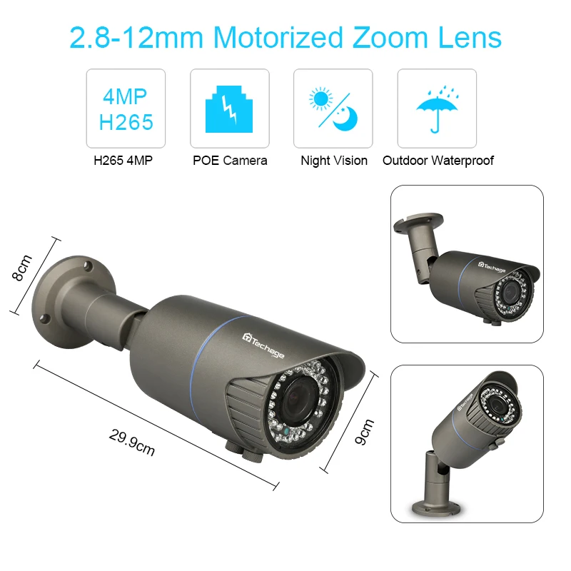 Techage H.265 охранных 4MP POE IP Камера открытый 2,8 мм-12 мм моторизованные зум авто объектив видеонаблюдения Камера ИК ночного видения P2P Onvif