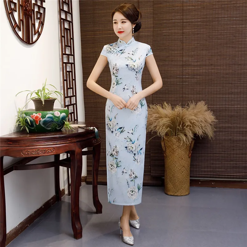 Ежедневно Мода Тонкий китайский стиль ретро Улучшенная шелковое длинное Qipao платье Стенд воротник Чонсам с принтом платья для женщин розовый - Цвет: Lightblue