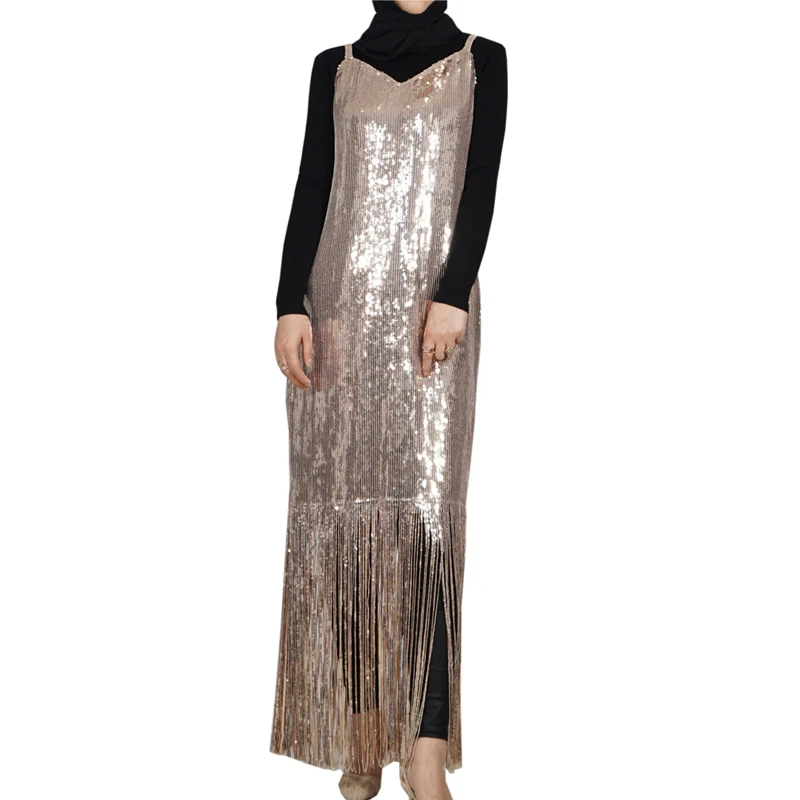 Спагетти ремень Sequin Vestidos кафтан хиджаб мусульманское платье абайя Дубайский кафтан Рамадан женский халат Tesettur Elbise Исламская одежда