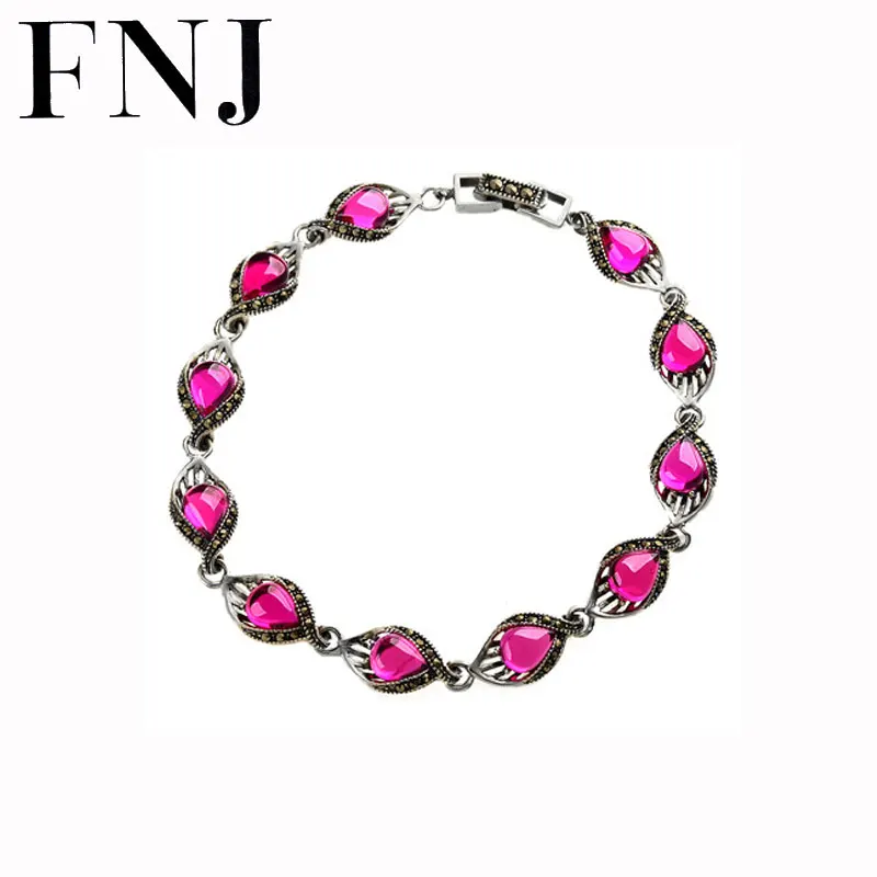 

Pure 925 Sterling Silver Bracelets Synthetic Garnet Blue Red Corundum 17CM S925 Solid Thai Silver Chain Bracelet for Women