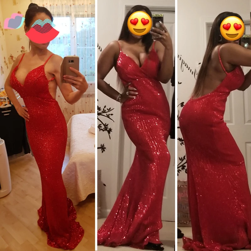 sexy red Sequined Evening maxi dress Backless Deep V Neck wedding party dress sleeveless floor length mermaid dress gown