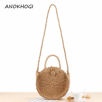 

Vintage Handmade Round Paper Rope Beach Bag Mini Women Crossbody Circle Straw Bag Bohemia Rattan Woven Shoulder Bags B62