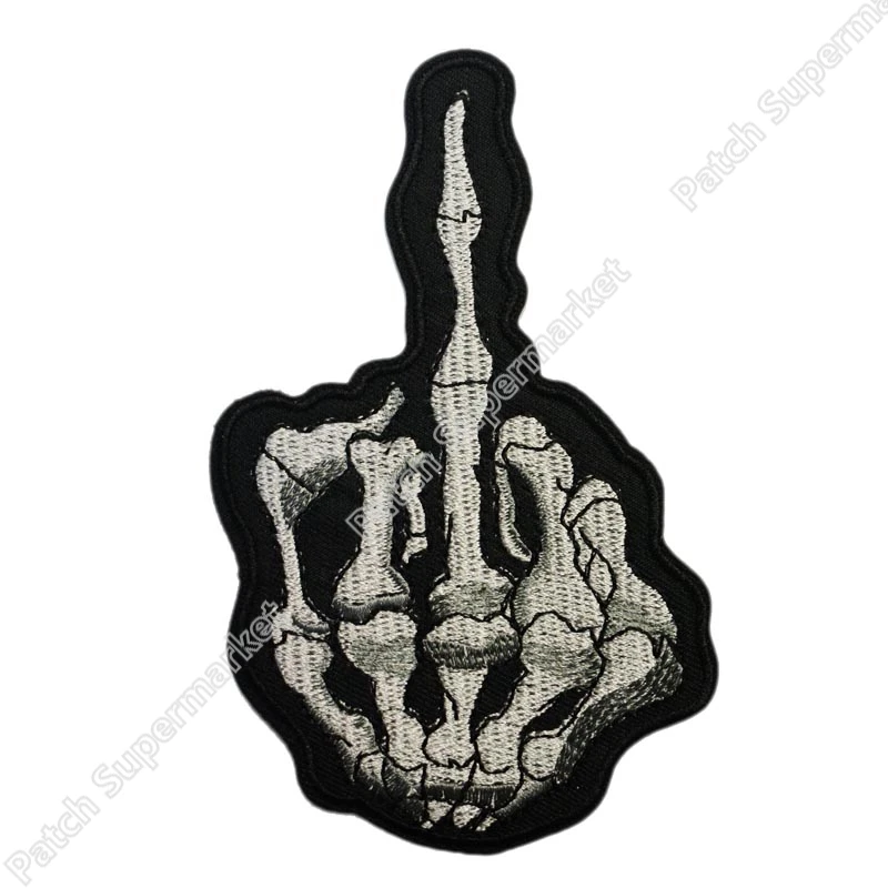 

4.9" BIG SKELETON BONE MIDDLE BONY FINGER Embroidered Outlaw Biker Vest Patch Badge wholesale for clothes 12.5cm*7.5cm