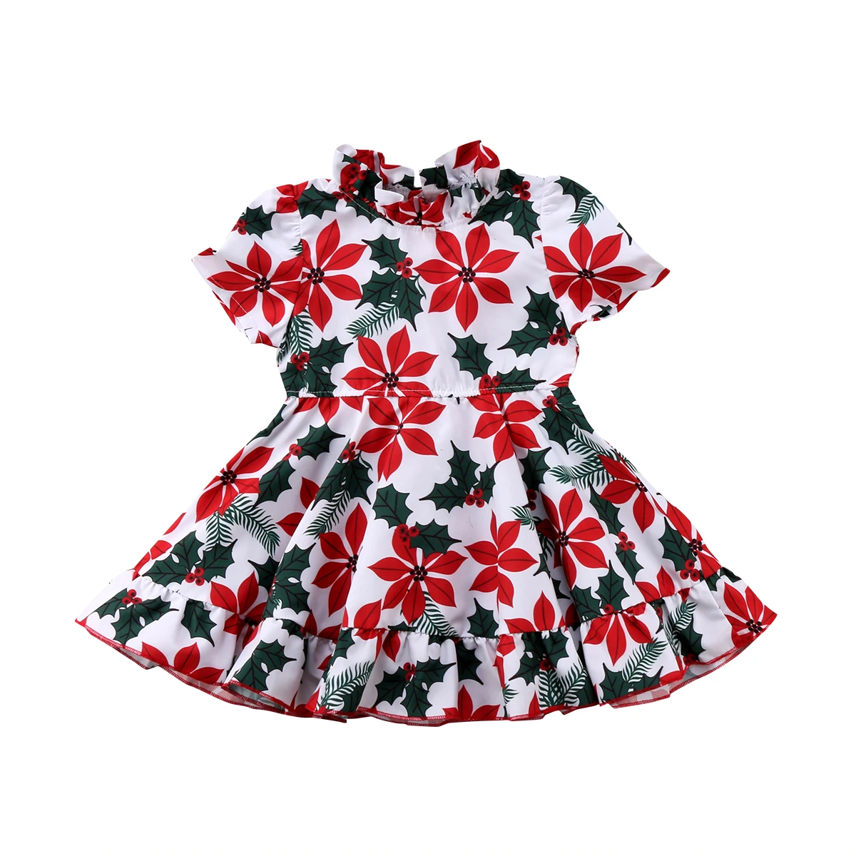 

Formal Red Flower Green Leave Print Kids Baby Girls Princess Flower Floral Short Sleeve Dress Outfit Sundress Summer