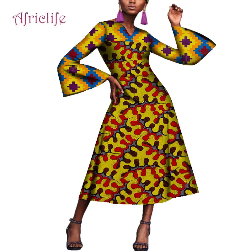 Женские платья с принтом в африканском стиле; сезон весна-лето; Хлопковые женские платья с v-образным вырезом и длинными рукавами; большие