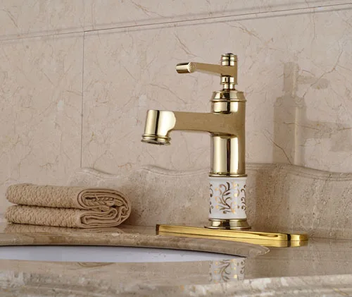 

Deck Mounted Basin Sink Faucet Single Handle Bathroom Sink Mixer Taps Gold Finish With Hole Cover Plate