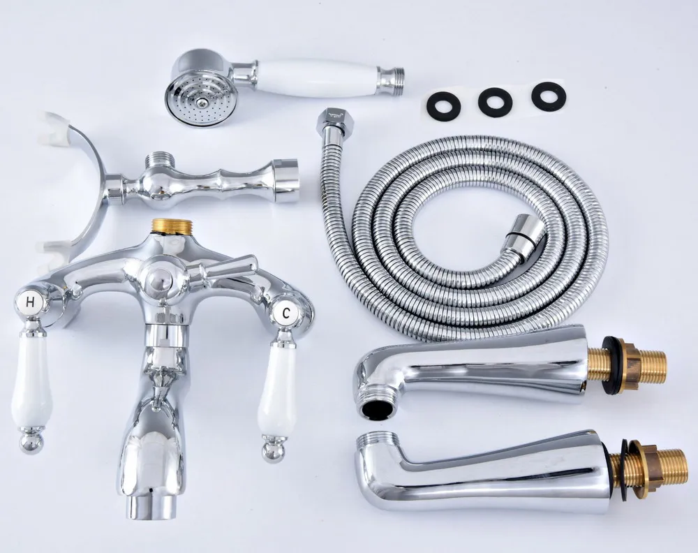 Polished Chrome Deck Mounted Bathroom Tub Faucet Dual Handles Telephone Style Hand Shower Clawfoot Tub Filler atf758